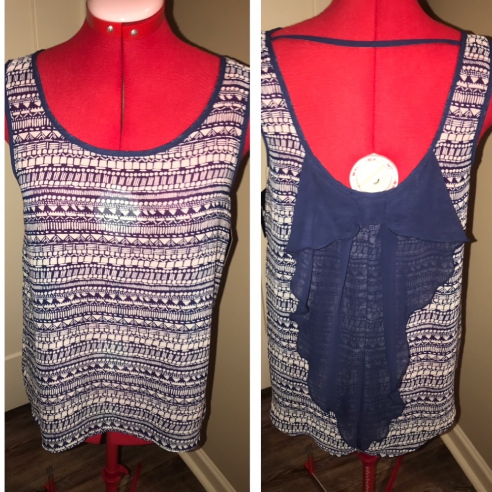 NWT BY & BY NAVY SLEEVELESS TOP CHIFFON BOW BACK M